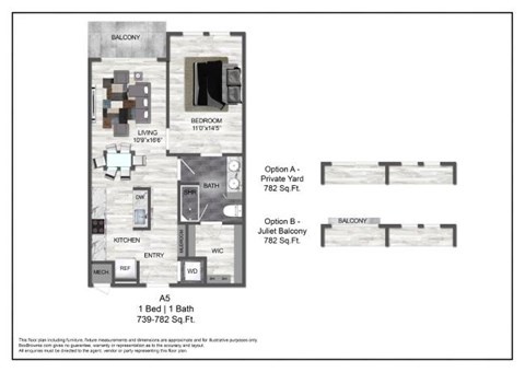 Floor plan for 1 bed, 1 bath, 746 sqft